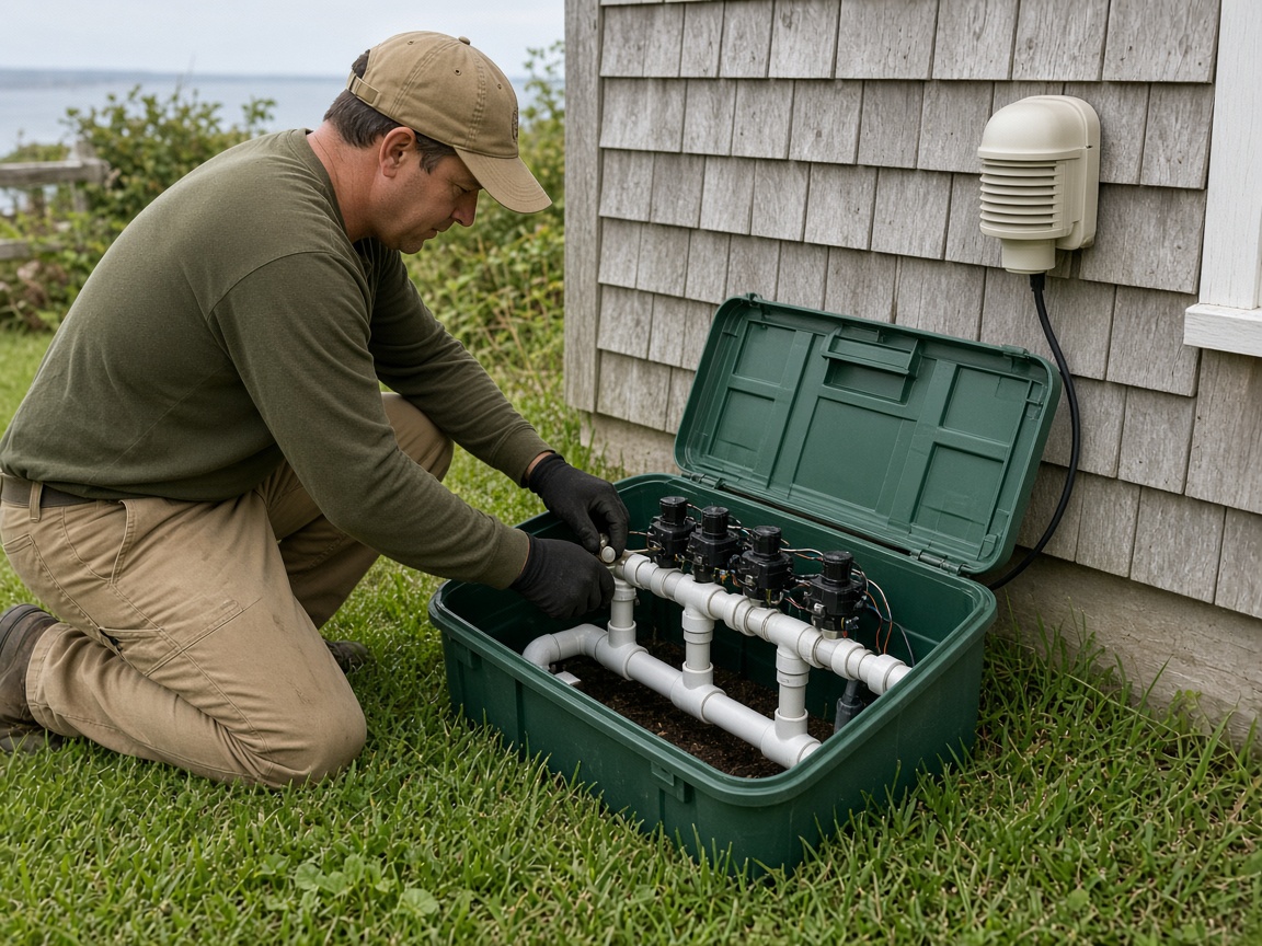 David’s crew at an irrigation valve box and controller on Nantucket