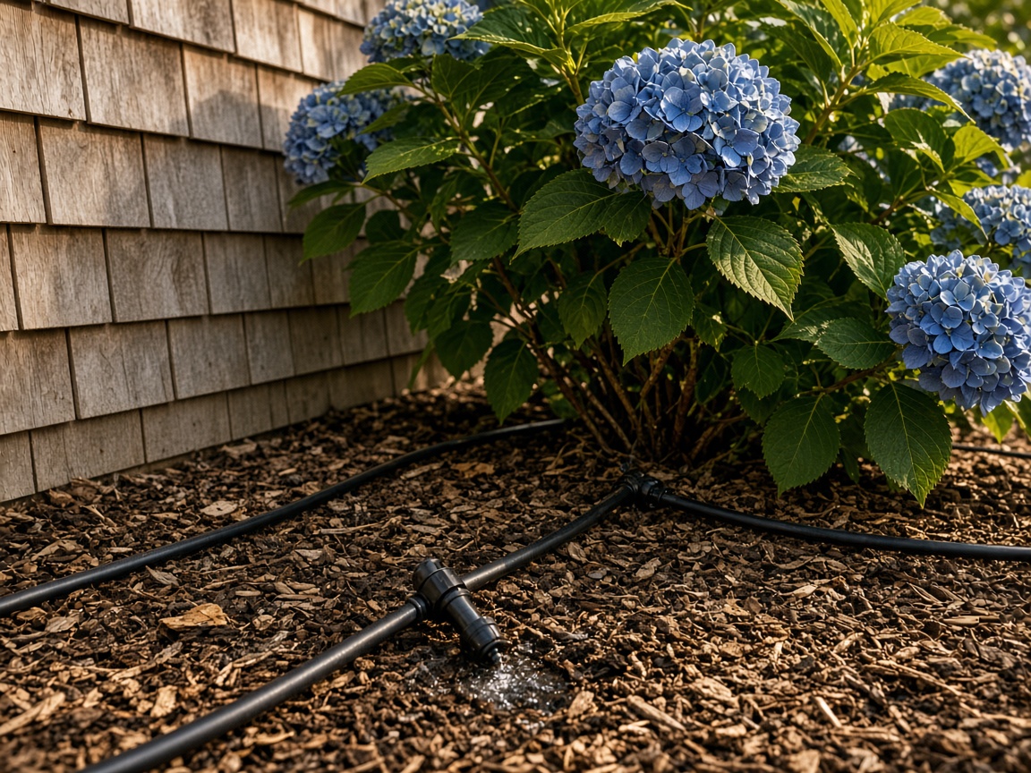 Drip irrigation along a hydrangea bed